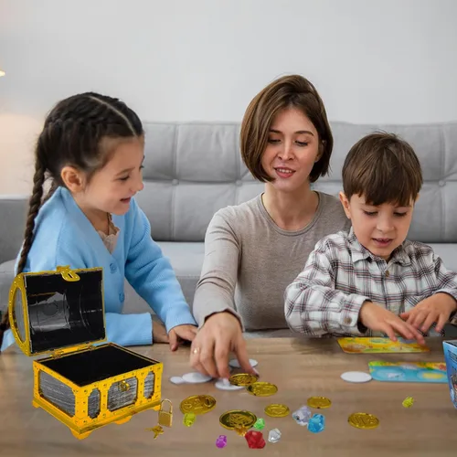 Miniatura 6 de Cofre del tesoro pirata para niños, caja de almacenamiento de plástico con borde dorado con cerradura y llave para juegos de caza para niños, fiesta