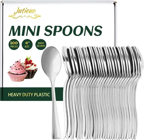 Miniatura 10 de 100 mini tenedores dorados de 4 pulgadas, pequeños tenedores de postre de plástico dorado, desechables, resistentes, diminutos tenedores