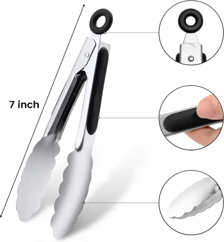 Miniatura 2 de Juego de 3 pinzas de cocina pequeñas de 7 pulgadas, pinzas de hielo de acero inoxidable, pinzas para alimentos, mini pinzas para servir aperitivos