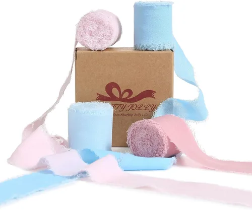 Miniatura 13 de Pretty Jolly Cinta de gasa beige para envolver regalos, 3 rollos de 2 pulgadas x 7 yardas, cinta de tela de seda hecha a mano con flecos para ramo