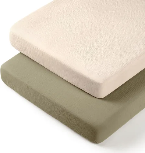 Miniatura 124 de lulumoon Sábanas de muselina para moisés para bebé: sábanas ajustables suaves para moisés de cabecera para niños y niñas Oliva y Crema