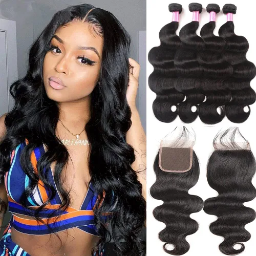 Miniatura 24 de Paquetes de Ondas Corporales con Cierre para Mujeres Negras (10 12 14+10) 100% Cabello Humano Brasileño de Ondas Corporales Sin Procesar 3 Paquetes
