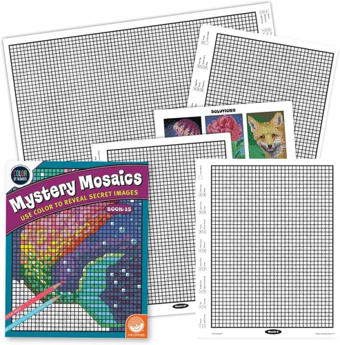MindWare Libro de mosaicos misteriosos de color por números 15 – Libro de actividades para colorear con imágenes ocultas guiadas por números, a