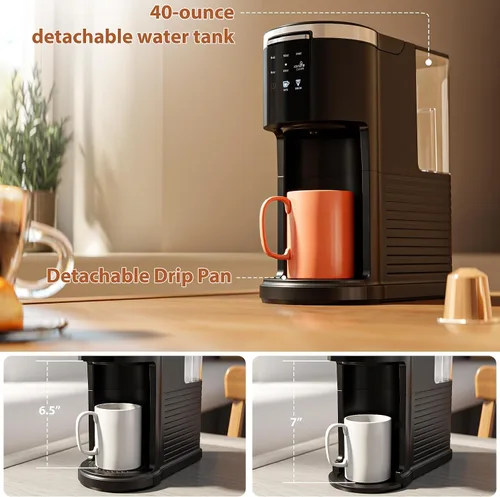 Miniatura 7 de WAA Cafetera de una sola porción, cafetera 2 en 1 para cápsulas y café molido, tamaño de preparación de 6 a 14 onzas, depósito extraíble de 40