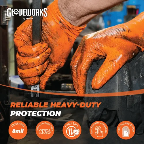 Miniatura 2 de GLOVEWORKS Guantes de trabajo de nitrilo naranja de 8 mil, desechables, resistentes, con agarre de diamante elevado, guantes mecánicos, pequeños