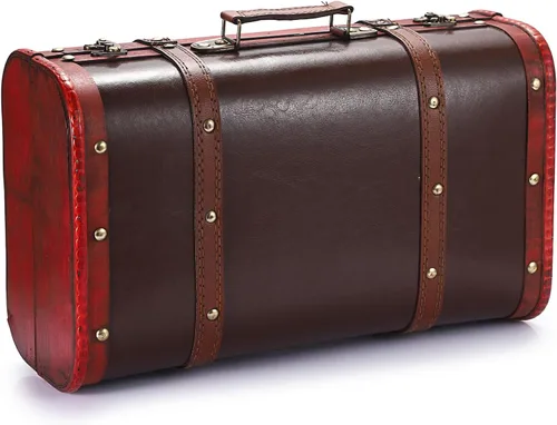 ELLDOO Cofre de almacenamiento de madera vintage, maleta de equipaje decorativa portátil, caja de cofre del tesoro rojo vintage, caja de recuerdos