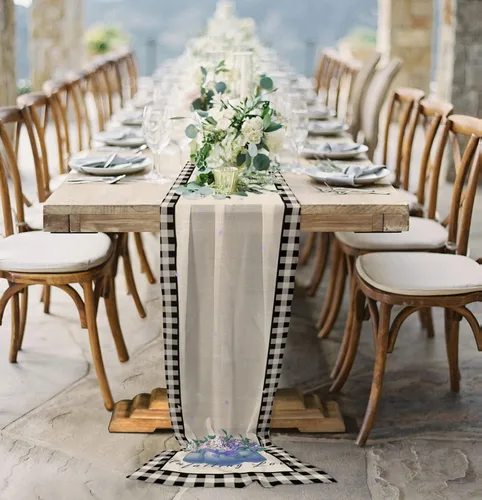 Miniatura 4 de Double Love Flower Black Plaid Chiffon Table Runner 55 Inches Long, Voile Sheer Tulle Runner for Rustic Wedding Reception Bridal Shower Decorations