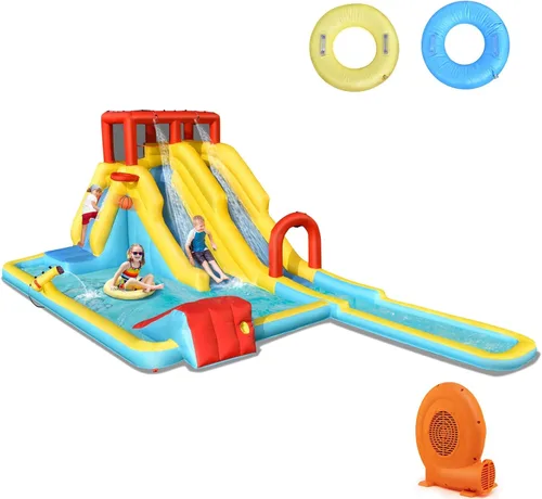 KOTEK Tobogán acuático inflable, toboganes dobles y largos, parque acuático gigante, tobogán acuático inflable con pared de escalada y piscinas de