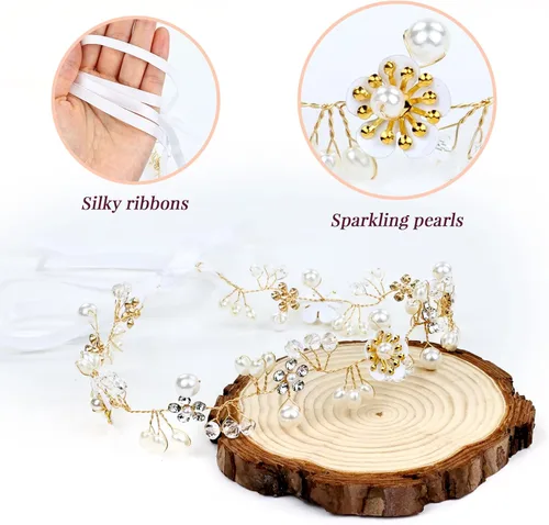 Miniatura 6 de inSowni 3 diademas de flores para niña, perlas, diamantes de imitación, hojas, flores, coronas de novia, tiaras, coronas con cinta, tocados de vid