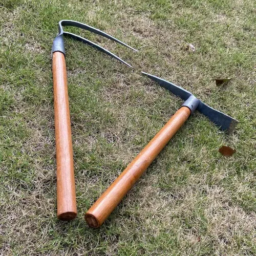 Miniatura 3 de Juego de 2 palillos de jardín de 19.6 pulgadas, juego de herramientas de azada de mano de 2 puntas, herramienta de jardín con mango de madera