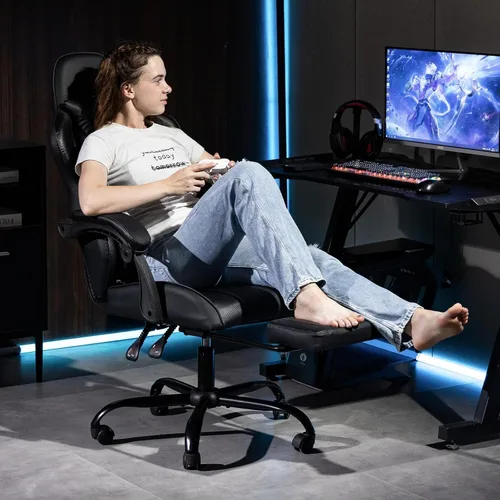 Miniatura 2 de Silla de juegos con reposapiés para adultos, silla de videojuegos de carreras de piel sintética con soporte lumbar, para hombres y mujeres, silla