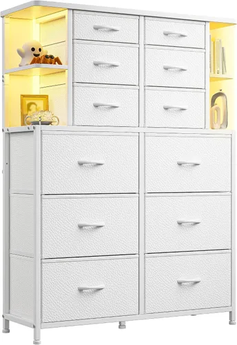 EnHomee Cómoda blanca para dormitorio con luces LED y 12 cajones con 4 estantes abiertos, cómoda de tela y cómoda, marco de metal, 45.2 pulgadas de