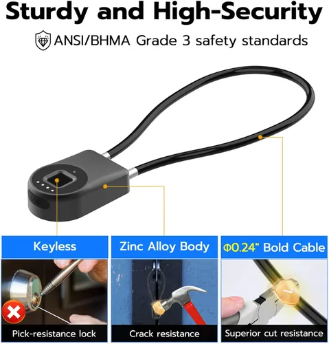 Miniatura 4 de Anweller Candado de cable de huellas dactilares, grillete pequeño de 14 pulgadas de largo, entrada sin llave, biométrico, Bluetooth, bloqueo de Back