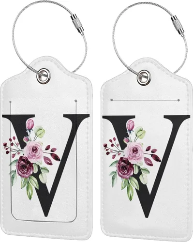 Paquete de 2 etiquetas de equipaje de cuero con letras V florales, divertidas etiquetas de equipaje para maletas, etiqueta de equipaje para