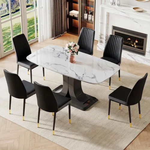 Miniatura 19 de Juego de mesa de comedor moderno para 6, juego de mesa de cocina y sillas de mármol para 6, mesa de cocina rectangular con 6 sillas tapizadas