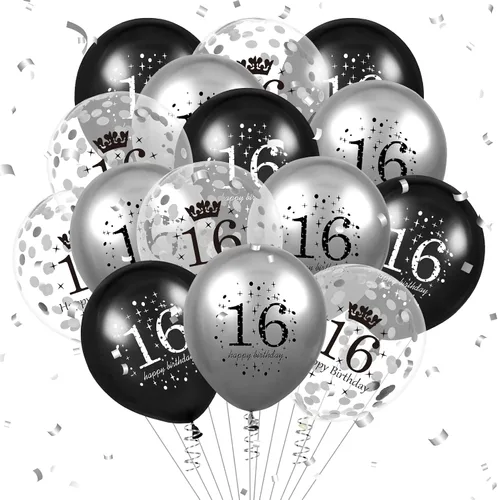 Globos de 16 cumpleaños para decoración de niños, 15 unidades, color negro y plateado, para fiesta de feliz cumpleaños de 16 años, globos de confeti
