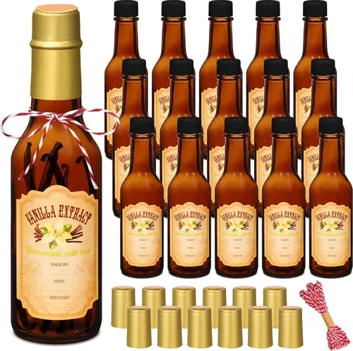 Miniatura 21 de Tioncy 16 botellas vacías de extracto de vainilla para botella de vidrio casera con tapa, banda retráctil, calcomanía, manualidades, regalo de boda