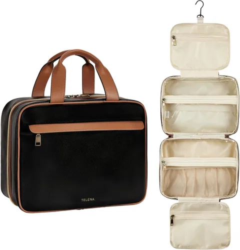 Telena Neceser de viaje para mujer con gancho para colgar, bolsa de cosméticos resistente al agua, organizador de viaje para accesorios, artículos