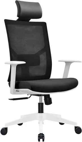 Silla de oficina ergonómica de malla multifunción con soporte lumbar, reposabrazos ajustable (reposacabezas, negro-blanco)