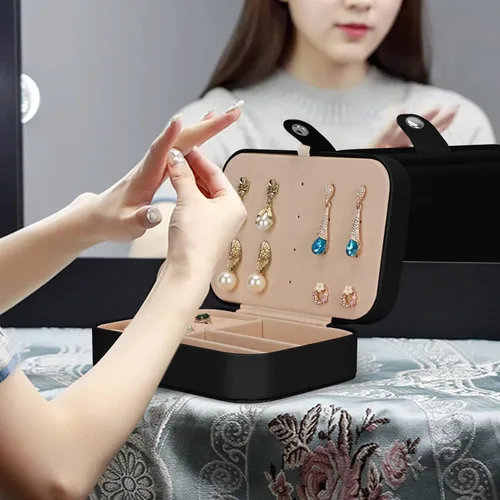 Miniatura 7 de Joyero organizador, 2 capas de poliuretano organizador de joyas de viaje, caja de joyería portátil para niñas y mujeres, caja de almacenamiento