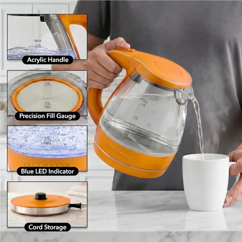 Miniatura 4 de OVENTE Hervidor Eléctrico, 1.5L de Vidrio de Borosilicato para Encimera, Calentador y Hervidor de Agua para Café o Té, Libre de BPA, Apagado Naranja