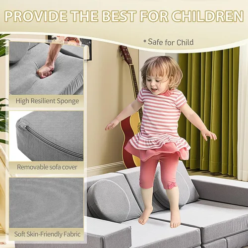 Miniatura 5 de Karl home Sofá infantil de 14 piezas, sofá modular para niños, sofá multifuncional de espuma para niños, escalada y relajación, sofá convertible gris