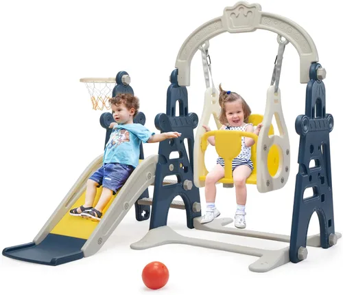 Juego de tobogán y columpio 3 en 1 para niños de 1 a 3 años, parque infantil interior para niños, toboganes independientes al aire libre con aro de