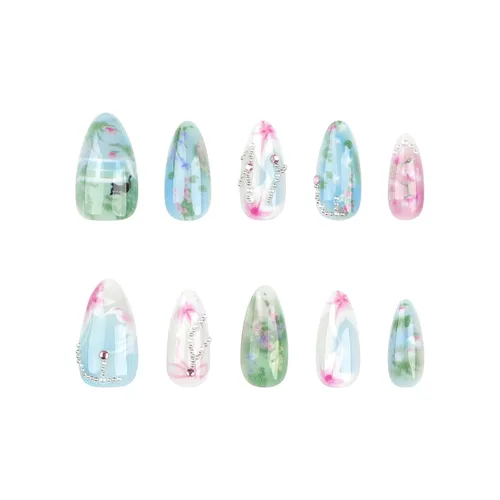 Miniatura 4 de RTKHFZE Uñas postizas a presión con forma de ataúd de almendra, uñas postizas medianas a presión para primavera y verano, con diseños de flores