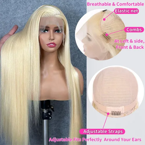 Miniatura 4 de GZX Peluca de cabello humano 613 con encaje frontal transparente HD de 13 x 4 pulgadas, pelucas de cabello humano lacio con encaje frontal, densidad