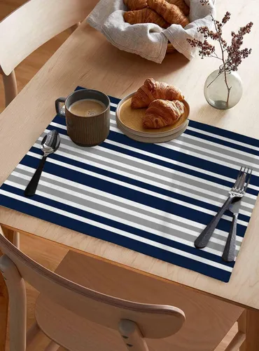 Miniatura 3 de Juego de 6 manteles individuales lavables de lino y algodón para cocina, mesa de comedor, color azul marino, gris y blanco, a rayas