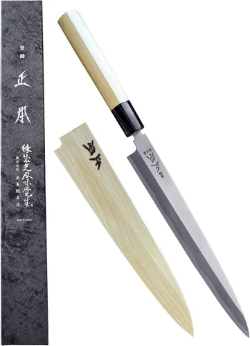 MASAMOTO KS - Cuchillo japonés Yanagiba para sushi con funda de 9.5 pulgadas [HONBAZUKE] Fabricado en Japón, cuchillo profesional para sashimi, hoja