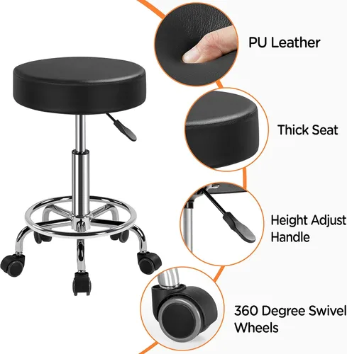 Miniatura 6 de Yaheetech Silla de spa ajustable con ruedas, taburete redondo pequeño, silla de tatuaje, color negro
