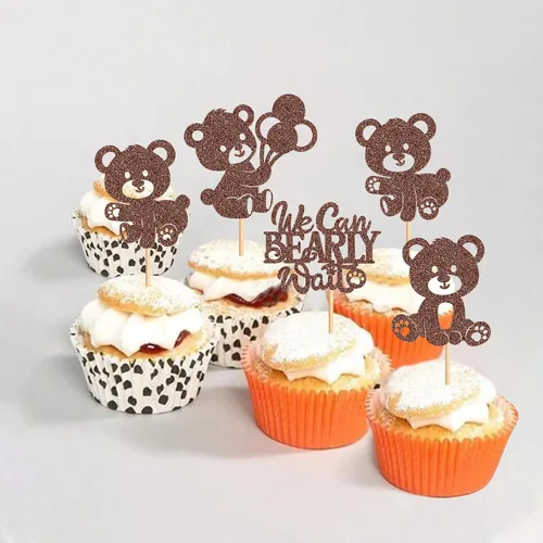 Miniatura 2 de 24 piezas de decoración para cupcakes con temática de "We Can Bearly Wait" Oso de globos brillantes, decoración temática de revelación de género