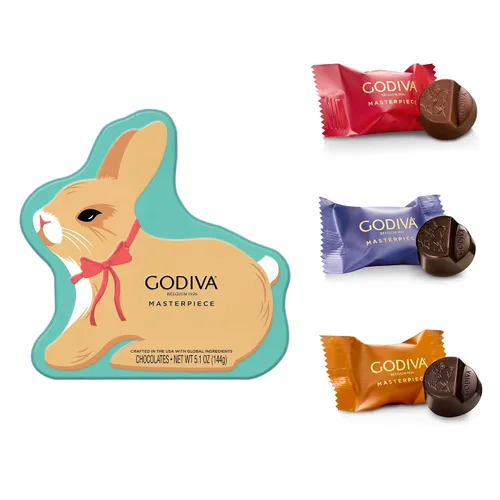 Miniatura 2 de Godiva Masterpieces - Lata de conejo de Pascua, leche surtida y chocolate negro con ganache y caramelo, regalos de chocolate gourmet de Pascua