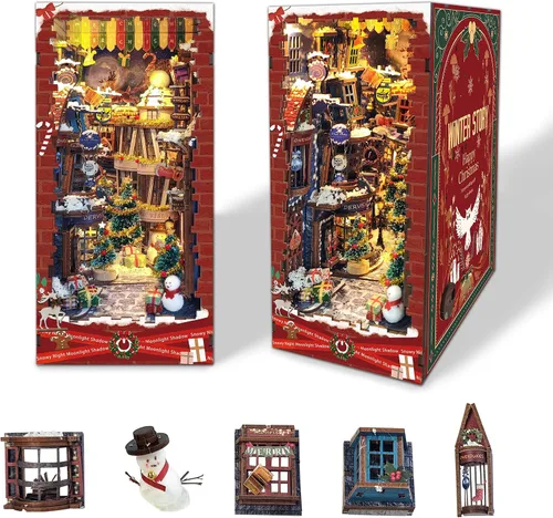 Kit de manualidades para rincón de lectura DIY - Kit de casa en miniatura estilo navideño para estanterías, rompecabezas de madera 3D con cubierta
