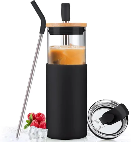 Miniatura 16 de Kodrine Vaso para agua de vidrio de 20 onzas con popote y tapa, botella de agua con tapas de bambú, taza para café helado, reutilizable, boca ancha
