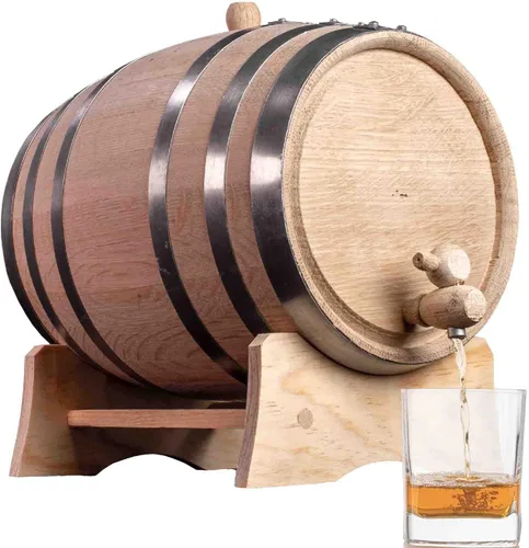 Miniatura 9 de Barril de envejecimiento de roble de 1 galón (Serie de destilería - aros de acero, sin barnizar) con soporte de madera, boung y espita - Barriles
