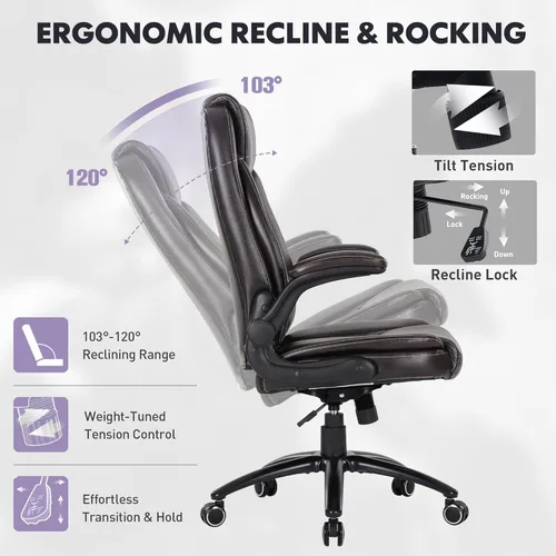 Miniatura 8 de MALOL Juego de 2 sillas de oficina de 300 libras con reposabrazos abatibles y respaldo reclinable, silla de escritorio ejecutiva ergonómica de piel