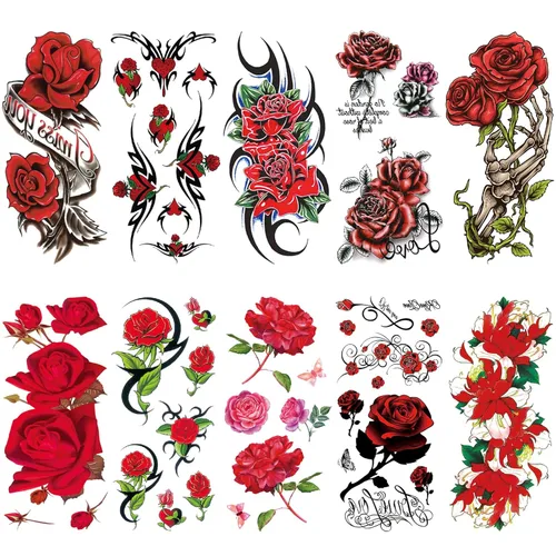 Miniatura 7 de 10 hojas de tatuajes temporales realistas de flores de rosas para mujeres, muslos de brazo, gran sexy, serpiente, león, mariposa, tatuajes falsos