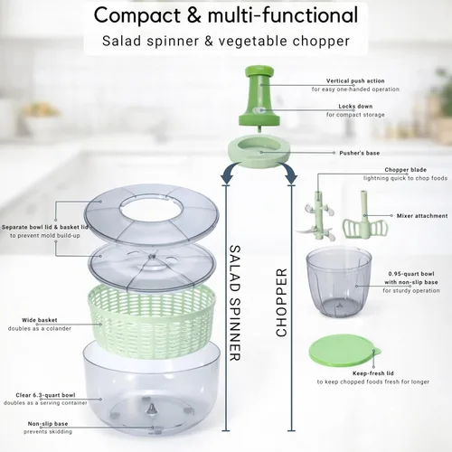 Miniatura 7 de Brieftons Ensalada Spinner y Chopper: Grande 6.3-Qt lechuga Verduras Lavadora Secadora, 0.95-Qt Chopper Mezclador, Almacenamiento compacto, Fácil