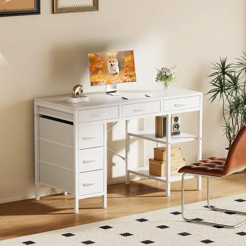 Miniatura 2 de Sweetcrispy Escritorio para computadora de 47 pulgadas con 6 cajones, escritorio para juegos de oficina en casa con estantes de almacenamiento