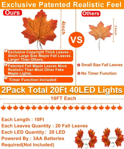 Miniatura 2 de TURNMEON Paquete de 2 decoraciones de Acción de Gracias con hojas de arce agrandadas, luces totales de 20 pies y 40 LED, decoraciones de otoño