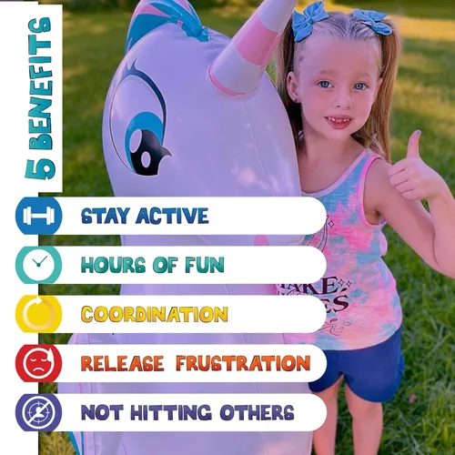 Miniatura 9 de INFLATABLE DUDES Juguete de unicornio de 47 pulgadas, saco de boxeo para niños, ya lleno de arena, bolsa de Bop, lanzamiento de anillos de unicornio