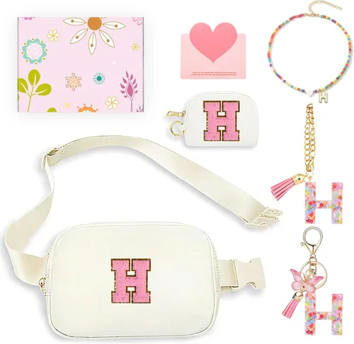 Miniatura 37 de Regalos de moda para niñas adolescentes, cangurera con monograma para niña con llavero, collar, dijes de taza, tarjeta de felicitación y caja