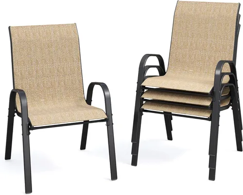 Miniatura 10 de Juego de 4 sillas de comedor para patio, sillas de comedor apilables, respaldo alto, tela de asiento transpirable y marco de acero de aleación