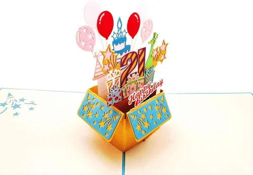 Miniatura 5 de iGifts And Cards Tarjeta desplegable 3D de cumpleaños 21 – Caja de fiesta azul de moda sorpresa con globos, regalos y vibraciones de alegría