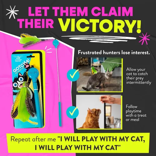 Miniatura 5 de Jackson Galaxy Gotcha! Juguete de varita para gatos, juguete retráctil para juegos atractivos, varita telescópica con plumas naturales para gatos