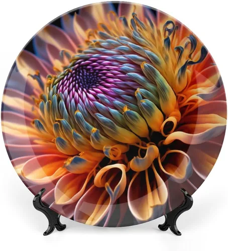 Platos decorativos para colgar en la pared, hermoso plato de cerámica de crisantemo rojo, placa tambaleante con soporte de exhibición, decoración