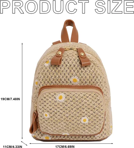 Miniatura 6 de OWGSEE Mochila de paja de ganchillo tejida a mano de moda de verano para mujer, Caqui