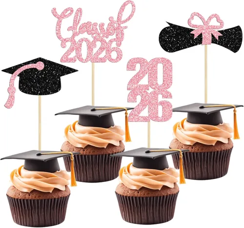 Miniatura 16 de 24 piezas 2026 decoraciones para cupcakes de graduación 2026 con purpurina clase de 2026 para graduación de graduación para felicitaciones 2026